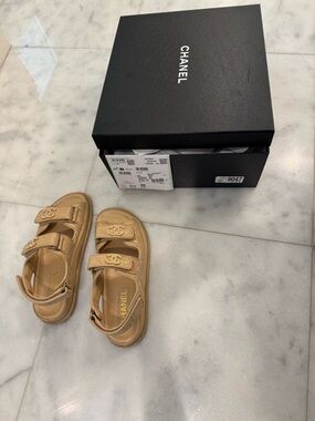 CHANEL Tan Quilted CC Strap Leather Sandals